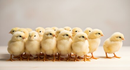 Yellow Chickens Group Standing on Table, One Chick Walking Away from Crowd