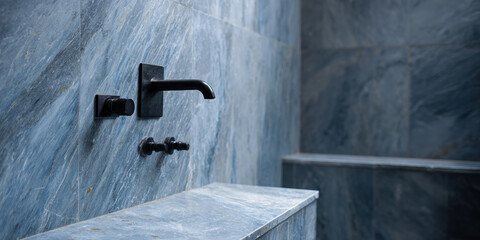 Blue marble shower stone tile modern faucet matte black minimalist bathroom spa ambience wet room luxury interior wall mount sleek design evoking calm