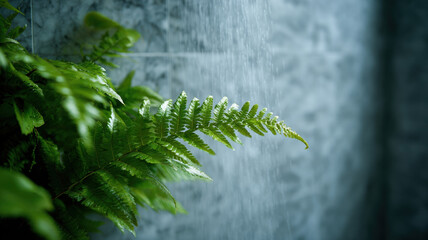 Marble shower botanical accent fern green leaf spa bathroom steam water spray wet wall serene minimalist design create calming mood with soft light and fresh foliage, modern interior detail
