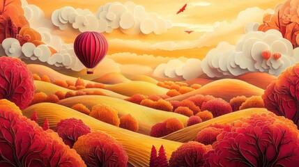 Surreal autumn countryside in paper art style, featuring gentle hills, deep red and orange trees, and a hot air balloon passing through fluffy clouds under the warm sunrise glow. 