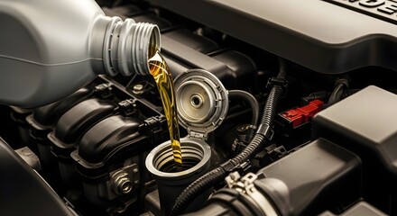 Pouring Oil into Car Engine Automotive Maintenance and Vehicle Care