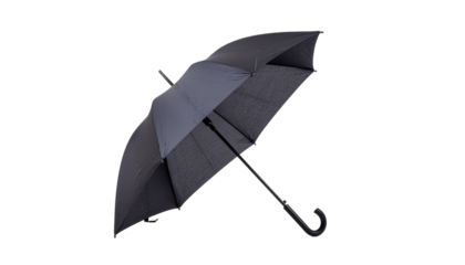 A closed dark umbrella with a curved handle and silver metal frame is shown angled to the isolated on a neutral background with png background