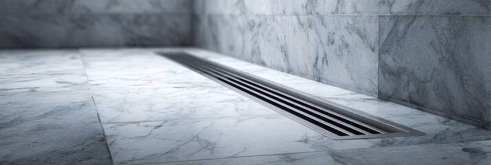 Marble shower floor linear drain hidden channel stainless steel grate wet room modern bathroom grey veining waterproof tile sleek design minimal style create calm spa mood