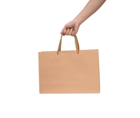 A person's hand holding a paper shopping bag with handles on a clean white background. Studio shot with ample copy space for text, logos, or branding. Isolated on white, cut out.