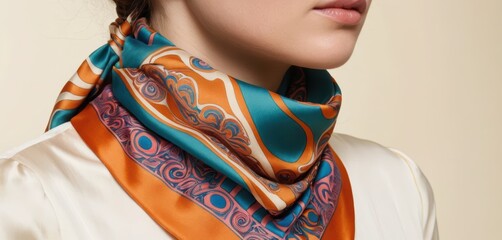 Stylish woman's neck adorned with a colorful silk scarf featuring intricate orange teal and pink patterns