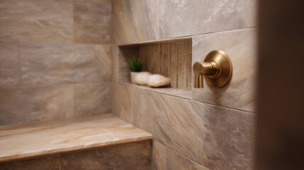 Brushed brass shower handle marble tile ribbed accent niche shelf spa bathroom warm neutral color stone bench modern design minimalist style soft lighting serene mood blend refined comfort calm