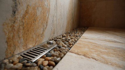 Natural stone tile marble wall pebble floor linear drain shower interior spa bathroom warm beige rustic texture water drainage wet area with calm mood