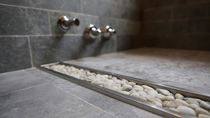 Stone shower floor river pebble strip linear drain gray tile stainless steel modern bathroom spa style wet room sleek design interior detail