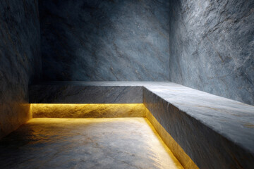 Stone steam room warm underfloor glow minimalist spa interior textured marble wall modern bench seating serene ambiance soft golden light wellness retreat clean design luxury bath