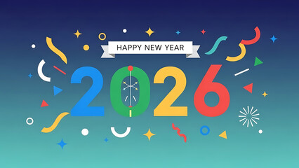 A colorful graphic celebrating the Happy New Year 2026 with confetti and fireworks