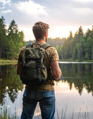 Man with Backpack Contemplates Nature by Lake.