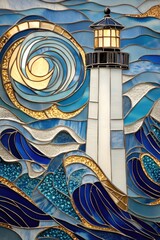 Tiled lighthouse amidst abstract blue and gold waves. --chaos 12 --ar 2:3 --v 6.1 Job ID: 4a07376b-4e37-4adb-826a-8cbe95af40ef