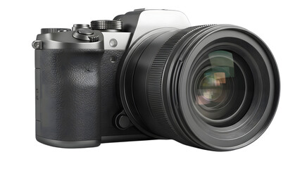 A black digital camera with a large lens on a black background