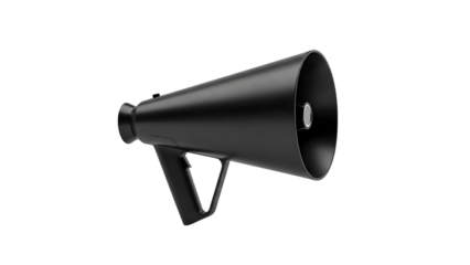 A black handheld megaphone on a solid black background