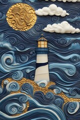 Tiled lighthouse amidst abstract blue and gold waves. --chaos 12 --ar 2:3 --v 6.1 Job ID: 87612496-c3fe-442e-ba5a-280010988d89