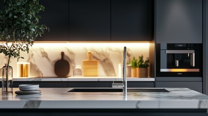 Modern kitchen with dark cabinets and bright lighting showcasing a clean and organized space for cooking and preparing meals