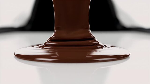 Chocolate flows from above onto a smooth surface creating a circular dark brown splatter