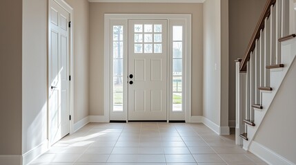 Bright entrance area with a front door and staircase during daytime
