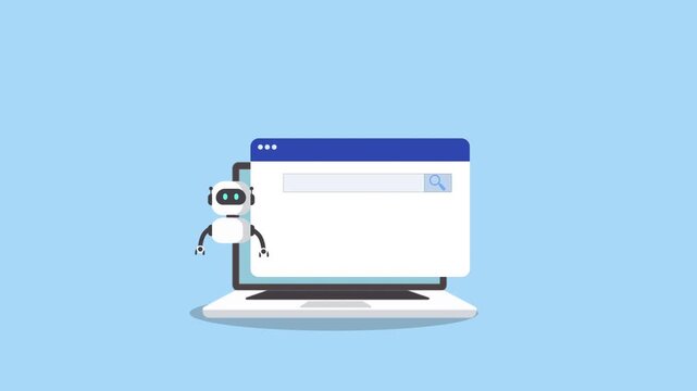 Minimal laptop illustration with a system window and assistant robot, representing digital assistant support, system interaction, and modern software workflow. Clean flat design for UI, apps, and tech
