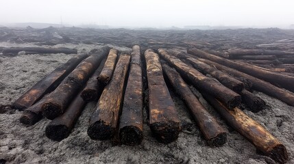 A large heap of weathered and discolored old wood logs lying on the ground