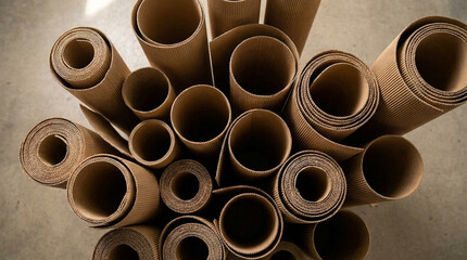 Overhead view of stacked and rolled corrugated cardboard tubes rolls paper