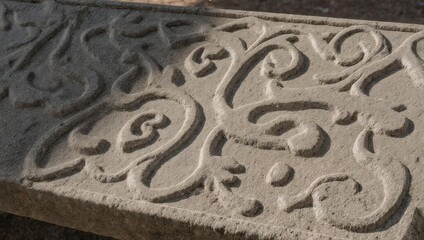Intricate stone carving with swirling floral patterns and textures.