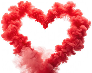 Voluminous, swirling, and vibrant crimson smoke gracefully forms a heart shape, exhibiting a soft, diffused texture and a dynamic, flowing movement against a, isolated on transparent background.