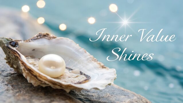 A luminous pearl rests within its oyster shell, ready to shine, evoking inner beauty.