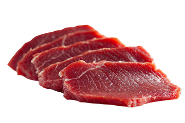 Close-up of sliced, raw, red meat.  Slices are overlapping, displaying a rich, deep red hue.  The meat appears fresh and is presented against a plain black background