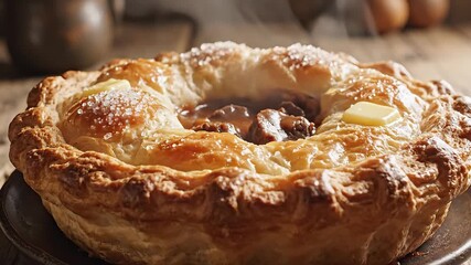 A closeup shot of a delicious freshly baked goldenbrown pie possibly apple or berry with a beautifully flaky crust gently dusted with powdered sugar emitting warm steam presented on a rustic wooden t. - Powered by Adobe