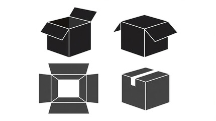 Set of Four Dark Gray Silhouette Icons of Cardboard Boxes container package