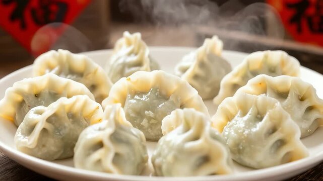 Fresh steamed Chinese dumplings with steam on festive background