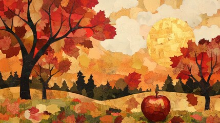Whimsical fall forest in paper collage style, featuring trees with textured leaves, a large shiny apple on the grass, and a morning sun creating a golden glow through stylized clouds. 