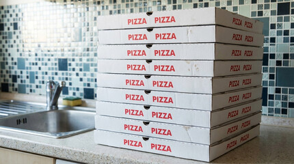Tall Stack of Cardboard Pizza Boxes with Red " Pizza" Text in a Kitchen Setting delivery takeout