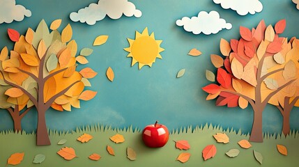 Whimsical fall forest in paper collage style, featuring trees with textured leaves, a large shiny apple on the grass, and a morning sun creating a golden glow through stylized clouds. 