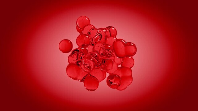 Abstract video of red bubbles with imperfections floating in front of red background and uniting with approach and dividing with distancing. Seamlessly loopable video.