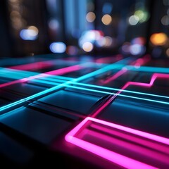 Cyberpunk style abstract background with glowing blue and pink neon laser lines over dark reflective surface with blurred city night lights bokeh