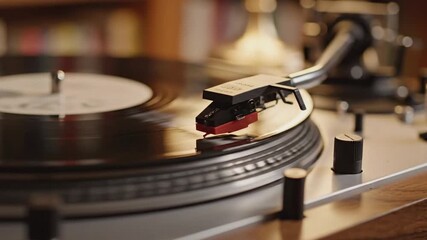 Close-up of a vinyl record on a turntable