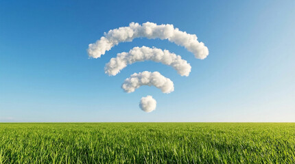 Wi Fi symbol made of clouds floating above a green grassy field under a blue sky WiFi technology