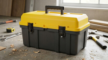 Yellow and black plastic toolbox with tools and wood shavings on a concrete floor container storage