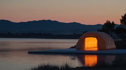 An illuminated inflatable emergency flood barrier structure glowing with warm light on a calm body of water at dusk with distant hills silhouetted against the twilight sky