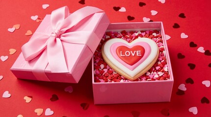 Heart-shaped gift box with love cookie