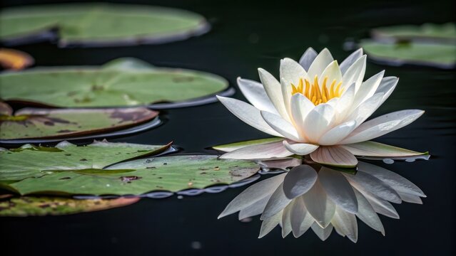 A solitary white water lily blossom opening serenely on dark pond water with green lily pads reflected - Powered by Adobe