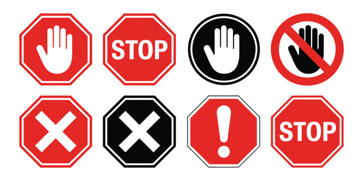 Stop red sign icon with white hand, do not enter, warning stop sign stock vector illustration for traffic safety, road warning, prohibition, and public alert.