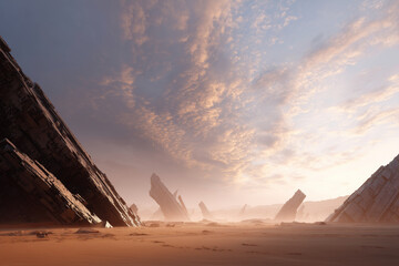 A desolate landscape with a few large rocks and a cloudy sky