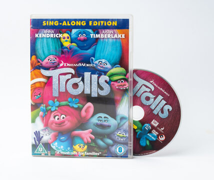 A dvd cartoon Trolls in a box isolated on a white background. 