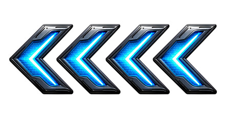 Four blue neon arrows pointing right isolated on transparent background