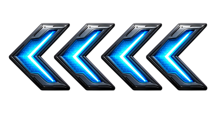 Four blue neon arrows pointing right isolated on transparent background