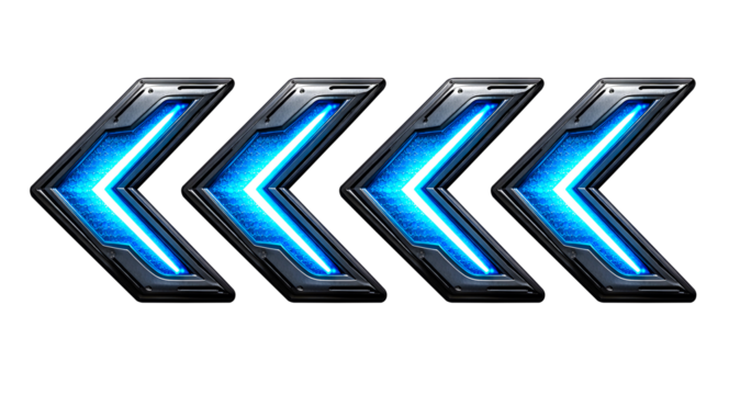 Four blue neon arrows pointing right isolated on transparent background - Powered by Adobe