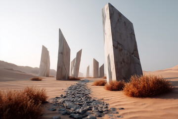 A desert landscape with a path leading to a group of large stone pillars